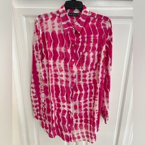 KIKISOL PINK AND WHITE PRINT BUTTON-DOWN COTTON SHIRT S: Small